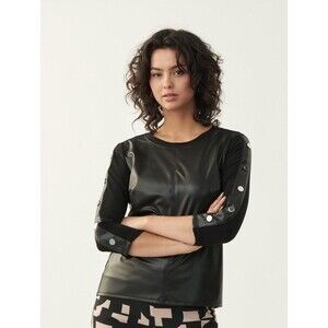 Joseph Ribkoff Top Womens 8 Black Faux Leather Shirt 213624 New